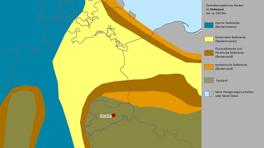 Karte der Paläogeographie Mitteleuropas im Unterjura.