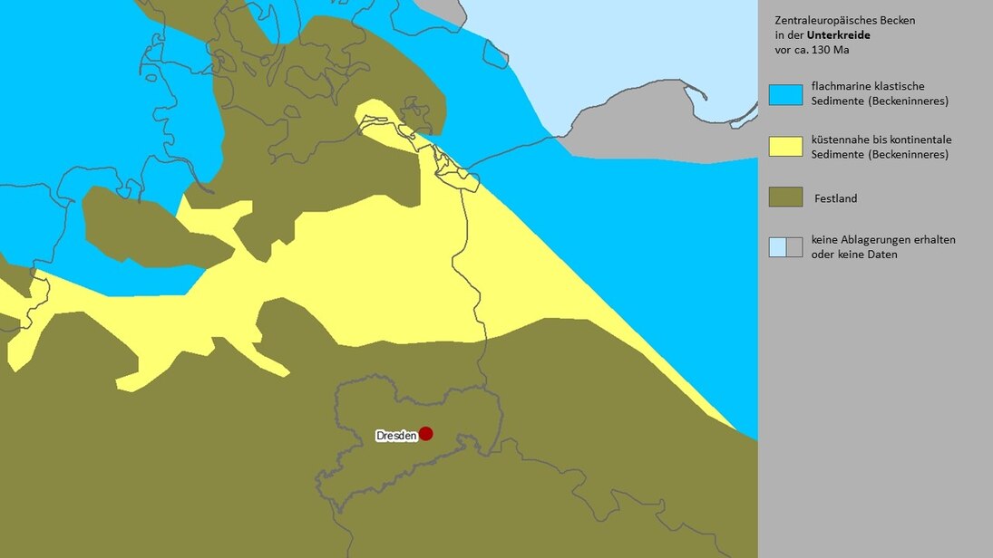 Karte mit der Paläogeographie Mitteleuropas in der Unterkreide.