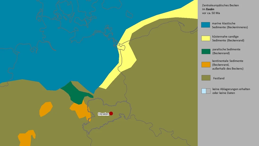 Karte der Paläogeographie Mitteleuropas im Eozän.