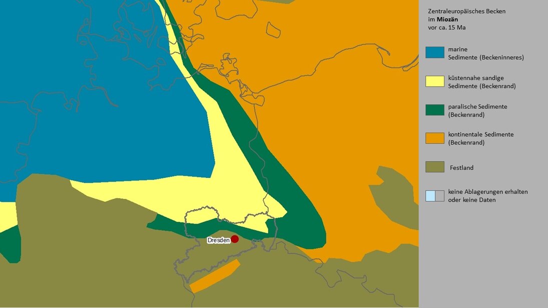 Karte der Paläogeographie Mitteleuropas im Miozän.