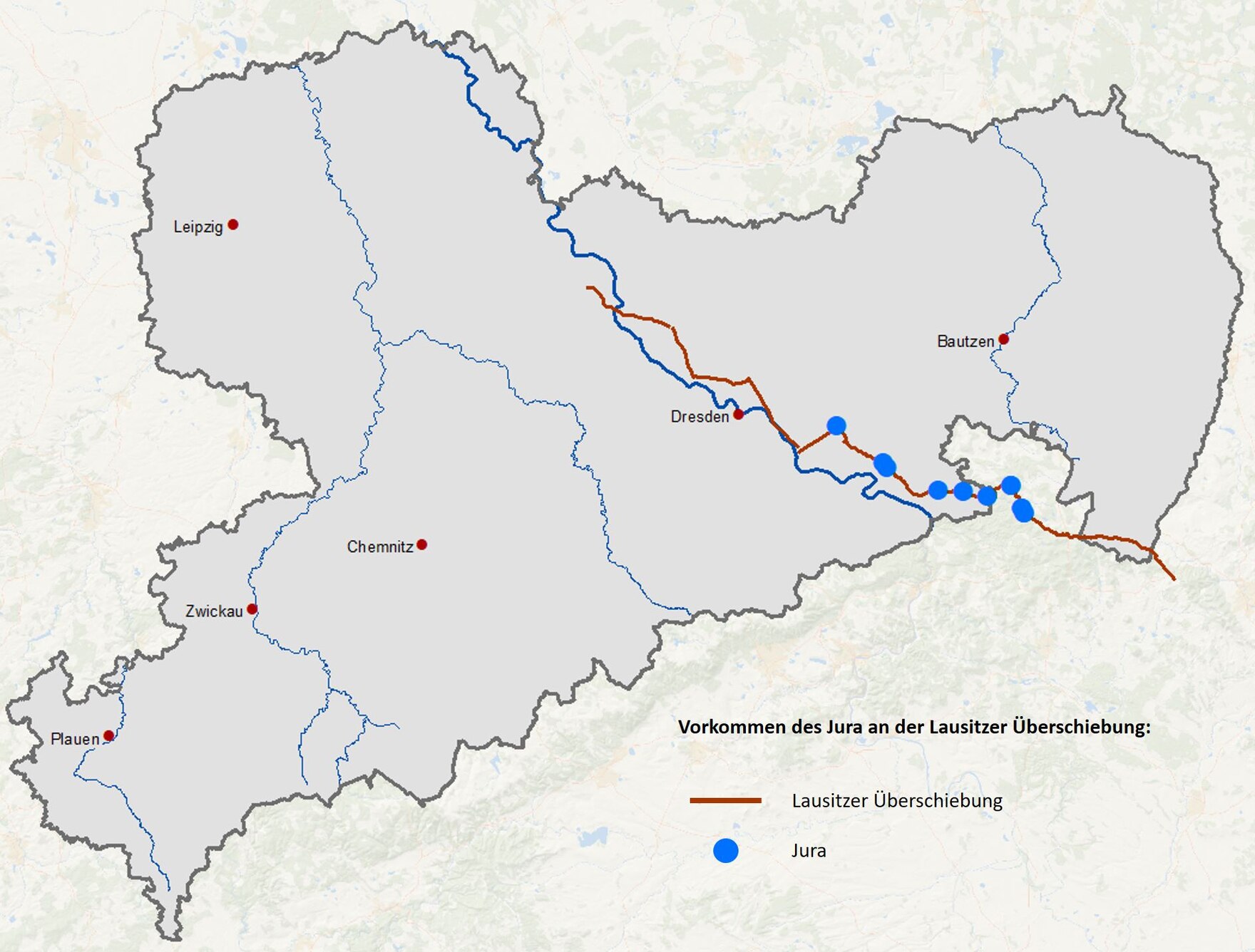 Karte mit den Vorkommen jurassischer Gesteine entlang der Lausitzer Überschiebung.