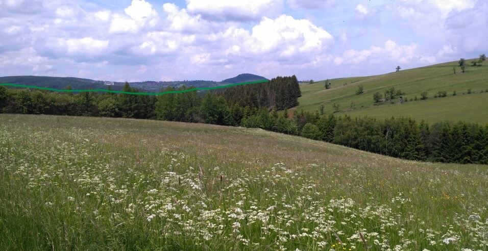 Der känozoische Vulkan des Geisingbergs (am Horizont) sitzt der Schmiedeberg-Geising-Störung auf (grüne Linie), welche permokarbone Vulkanite der Altenberg-Teplice-Caldera versetzt und deshalb als Störung der post-variszischen Dehnungstektonik eingestuft 