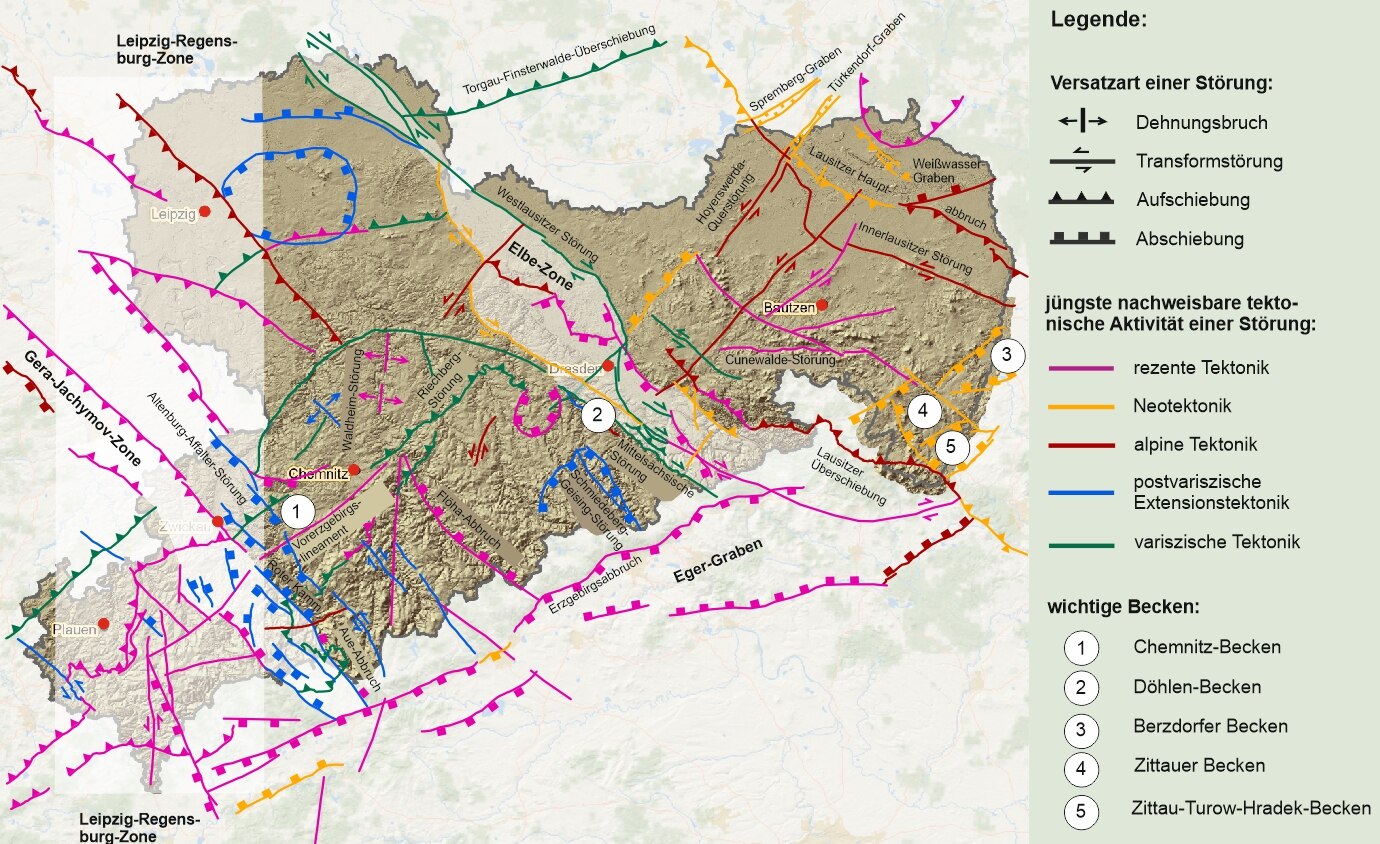 Karte der tektonischen Störungen von Sachsen.