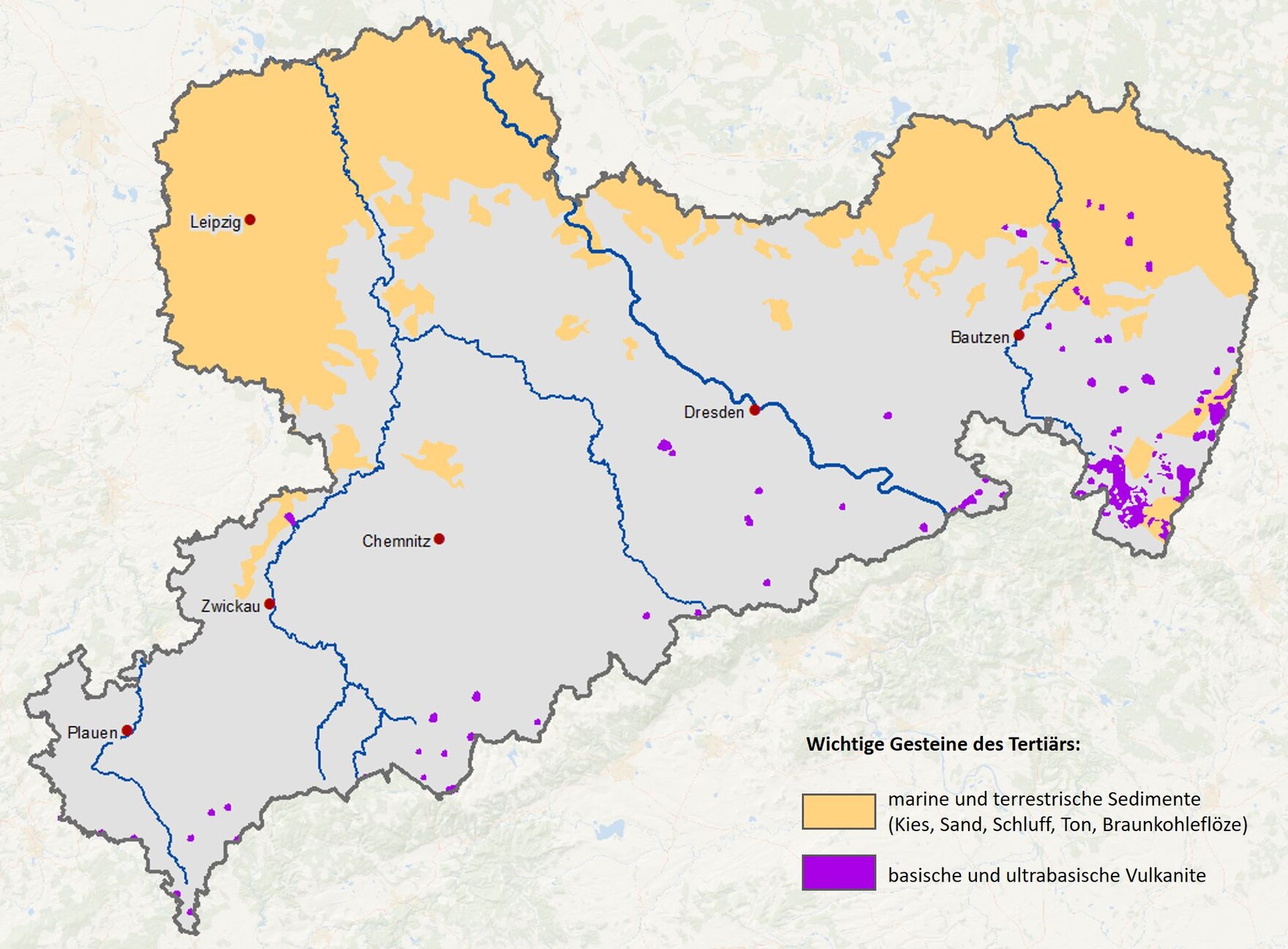 Verbreitung von Sedimenten und Vulkaniten des Tertiärs in Sachsen. Die Sedimente sind so stark miteinander verzahnt, dass sie auf dieser Übersichtskarte nicht separat ausgehalten werden können.