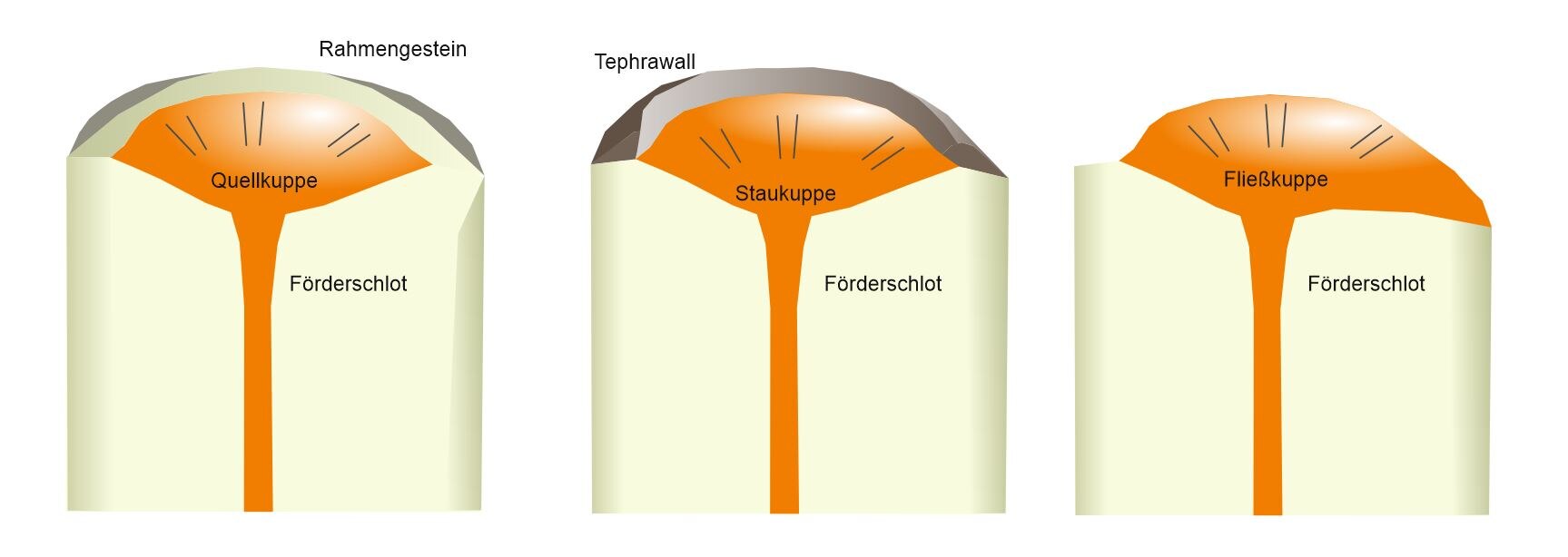 Lavadome im Vertikalschnitt. Die Dunklen Striche zeigen die Klüftung der Basaltsäulen an. Eine Quellkuppe bildet sich innerhalb des Rahmengesteins, eine Staukuppe an der Erdobfläche hinter einem Tephrawall und eine Fließkuppe entsteht lediglich durch die 