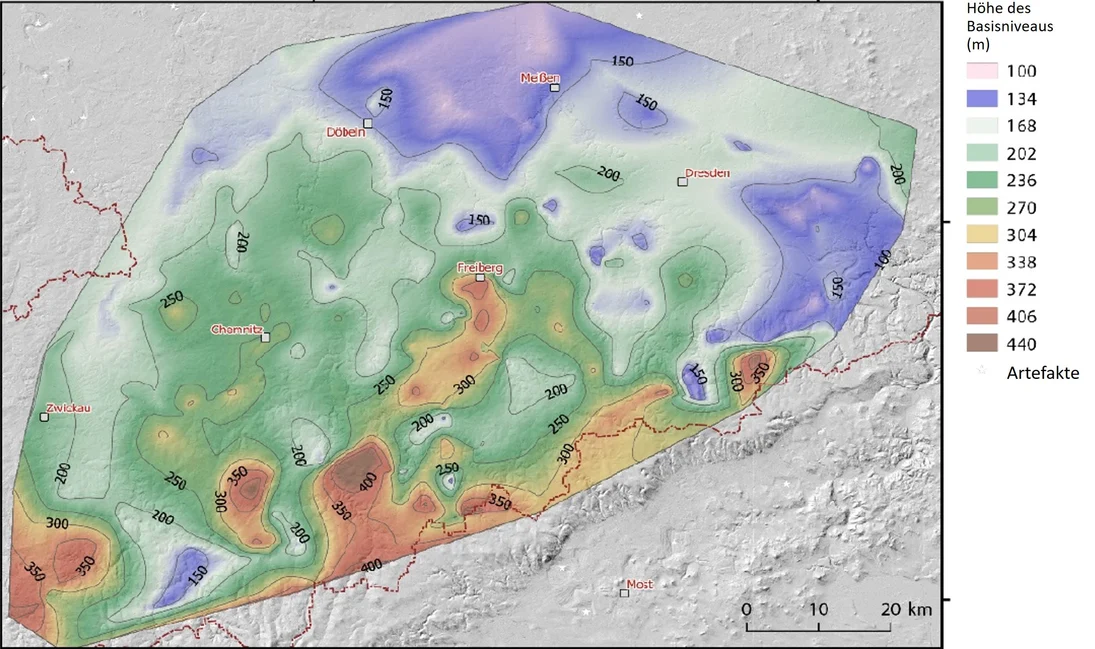 Karte der Höhe des obersten Basisniveaus im Erzgebirge.
