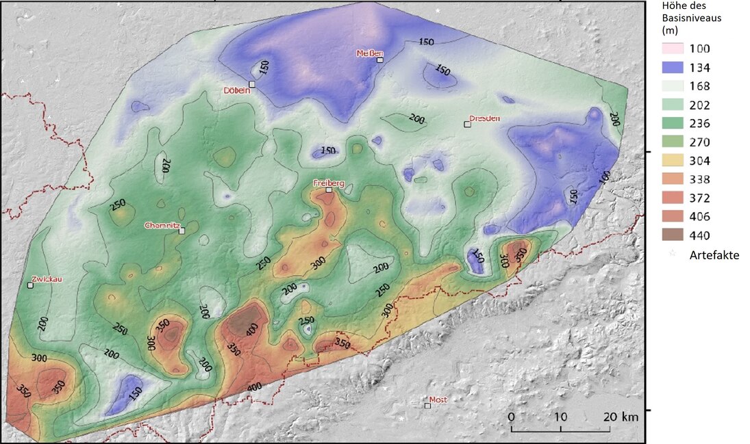 Karte der Höhe des obersten Basisniveaus im Erzgebirge.