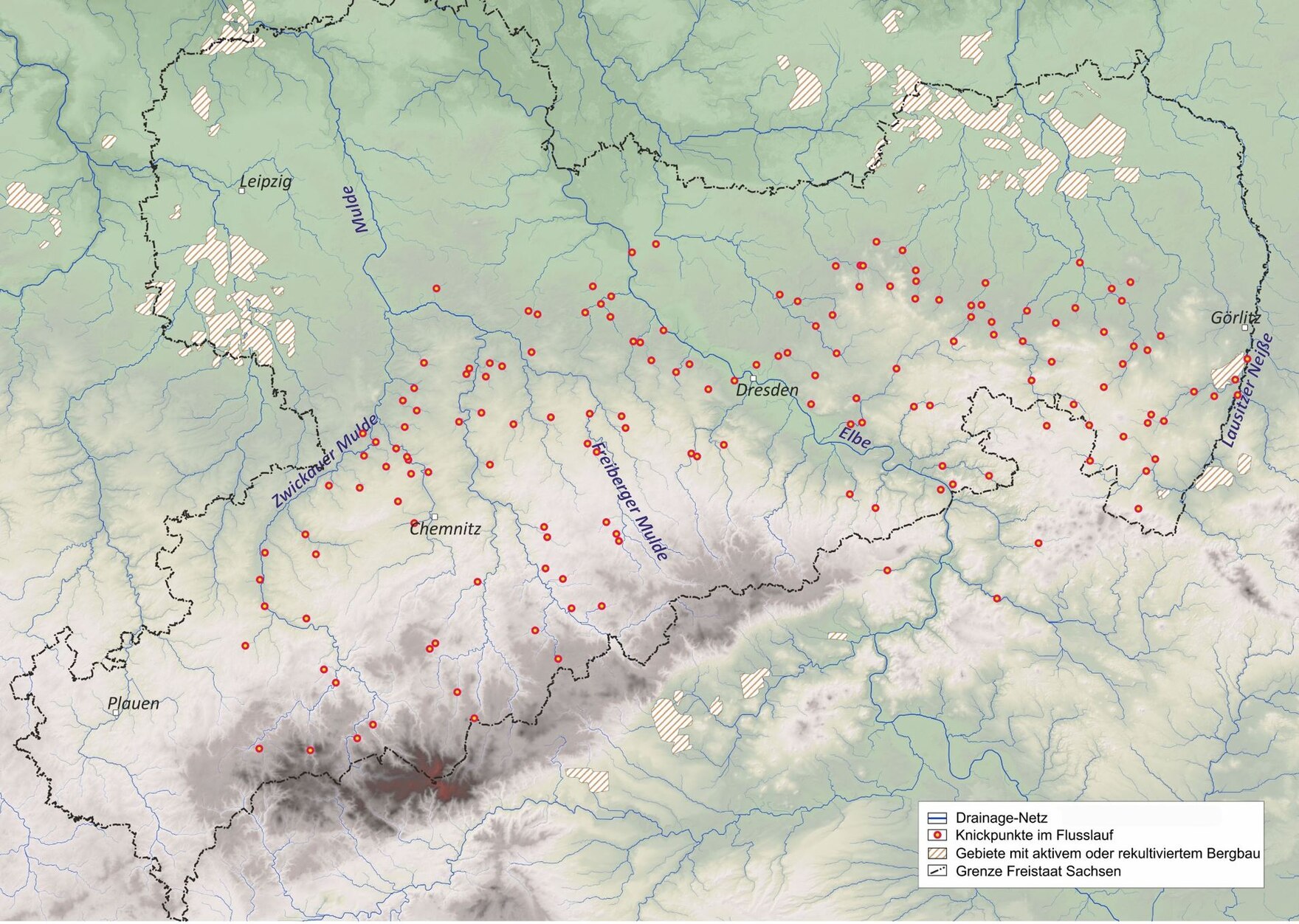 Karte mit dem Drainagenetz Sachsens und den ersten Knickpunkten im Profil eines Flusslaufes. Diese wurden verwendet um oberste älteste Basisniveaus des Flusses zu berechnen. Jedem der dargestellten Punkte wurde jeweils die berechnete Höhe des Basisniveaus