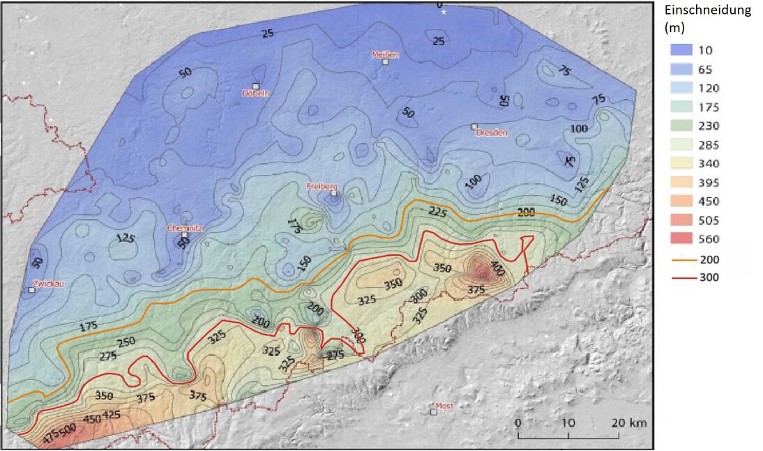 Karte der Einschneidung im Erzgebirge