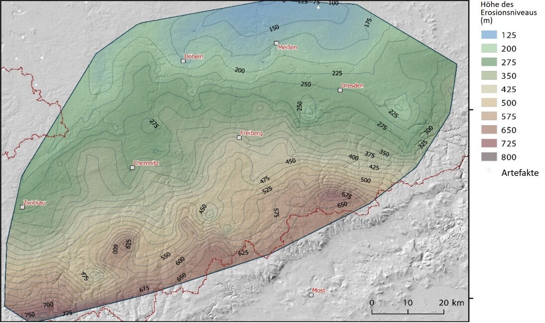 Karte der Höhe des Ersosionsniveaus im Erzgebirge.