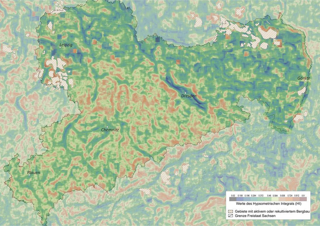 Karte des hypsometrischen Integrals von Sachsen.