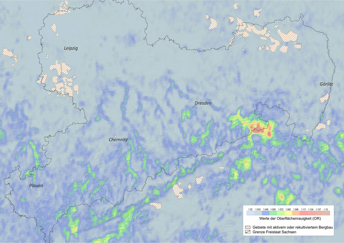 Karte der Oberflächenrauigkeit von Sachsen.