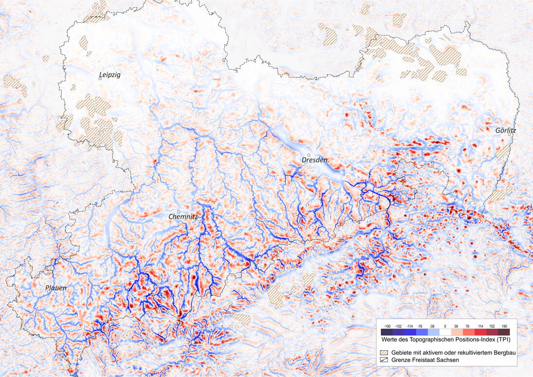 Karte des topographischen Positionsindexes für Sachsen