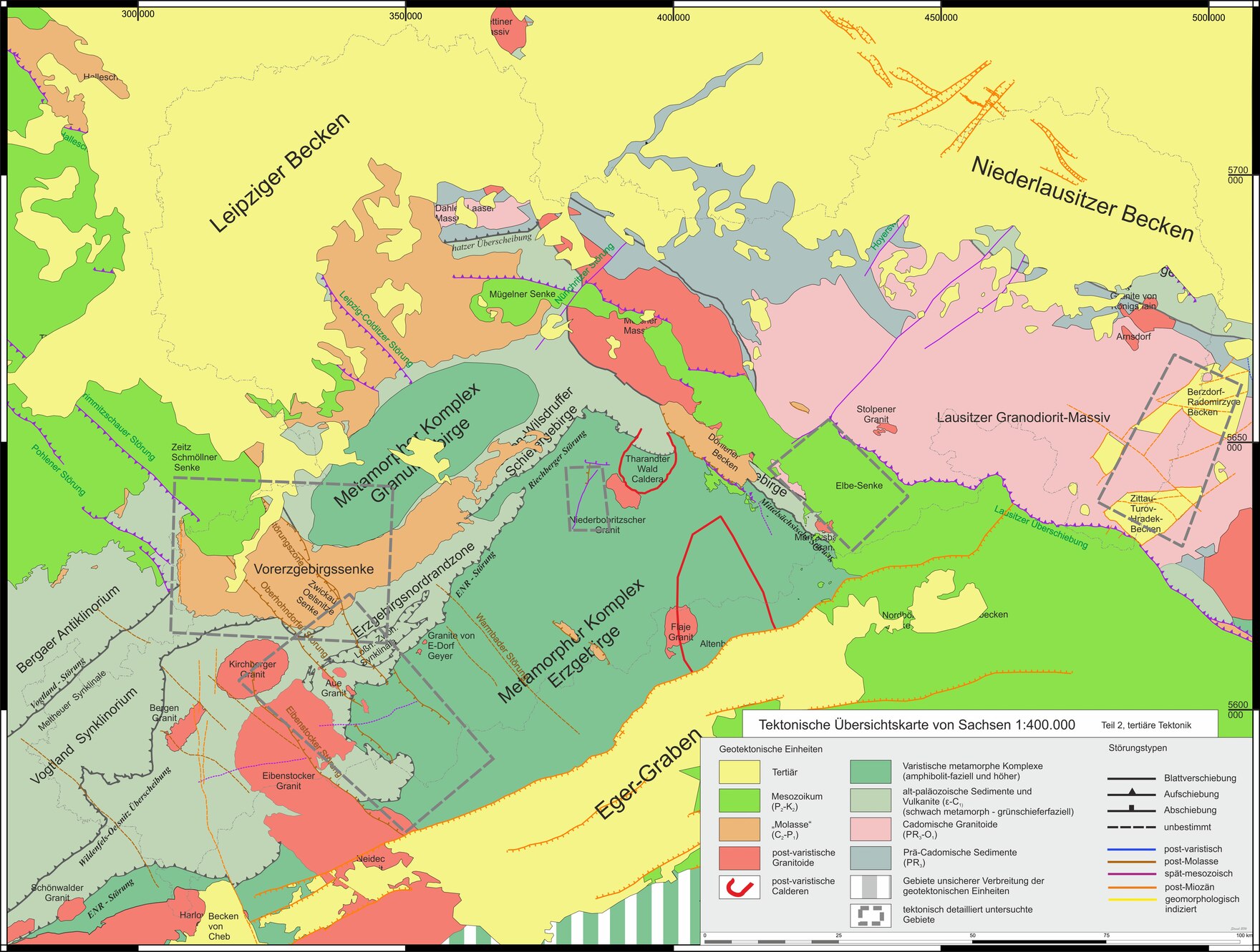 Das Bild zeigt eine tektonische Übersichtskarte von Sachsen mit tertiären Strukturen.