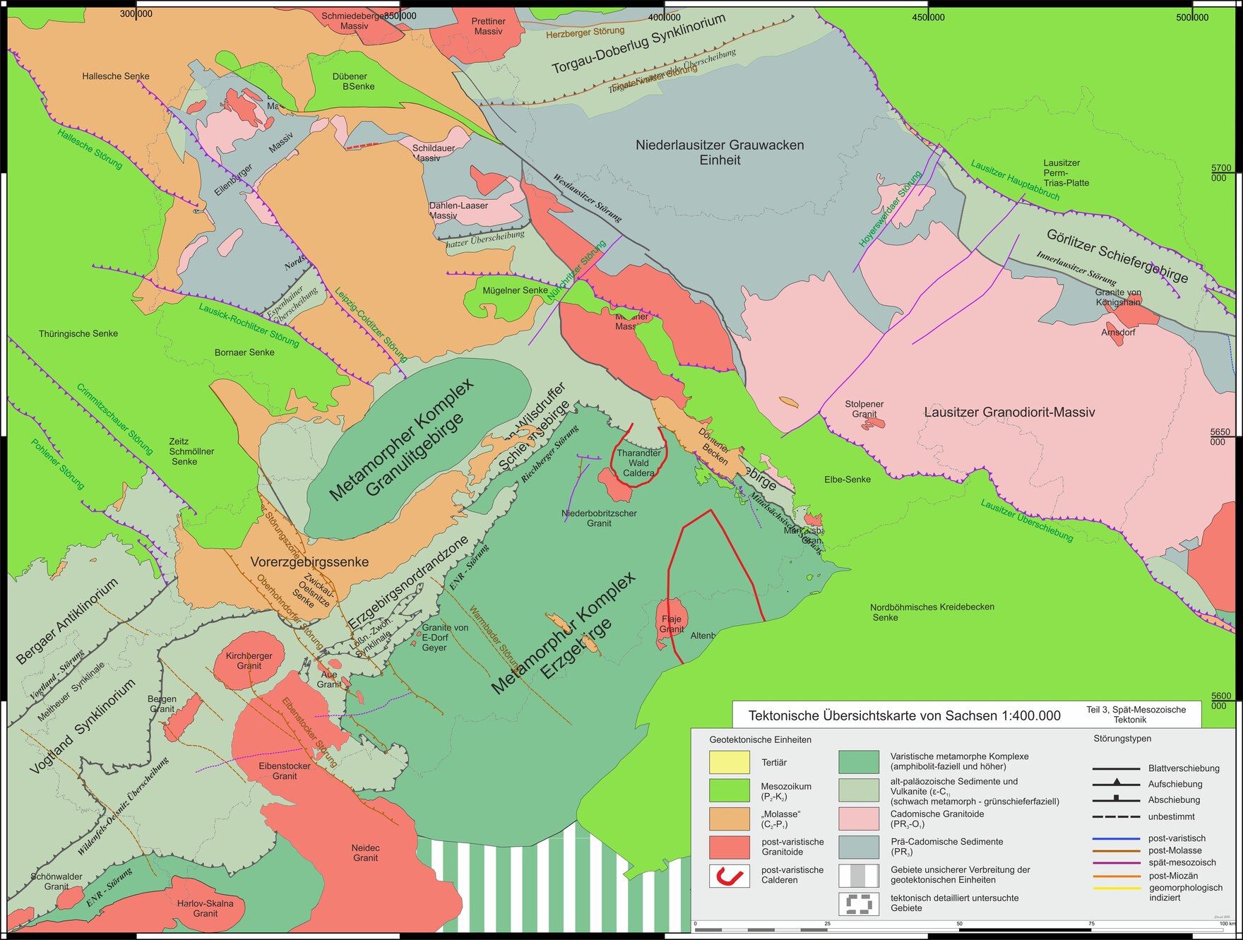 Das Bild zeigt eine tektonische Übersichtskarte von Sachsen mit spätmesozoischen Strukturen.