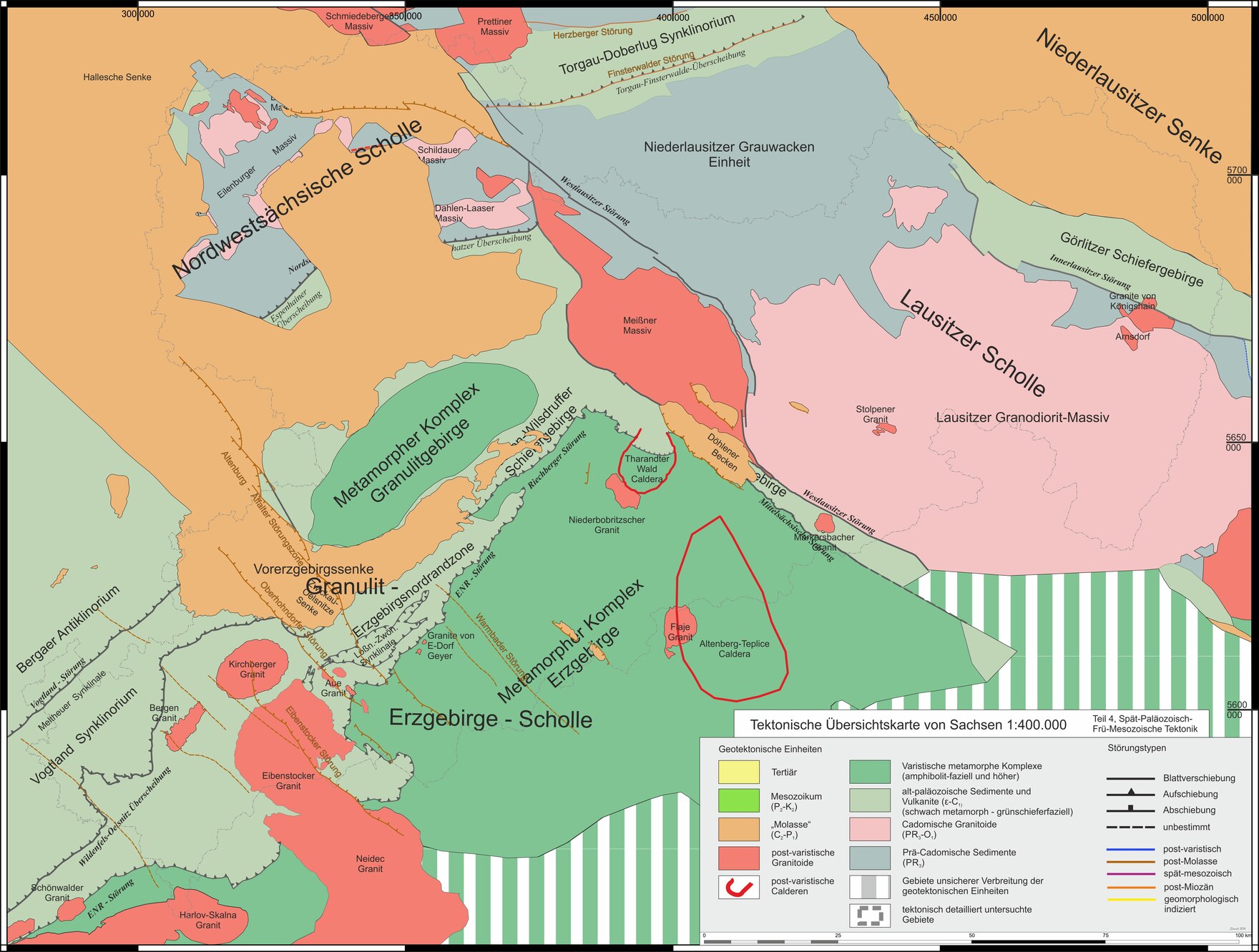 Das Bild zeigt eine tektonische Karte von Sachsen mit spätpaläozoischen bis frühmesozoischen Strukturen.