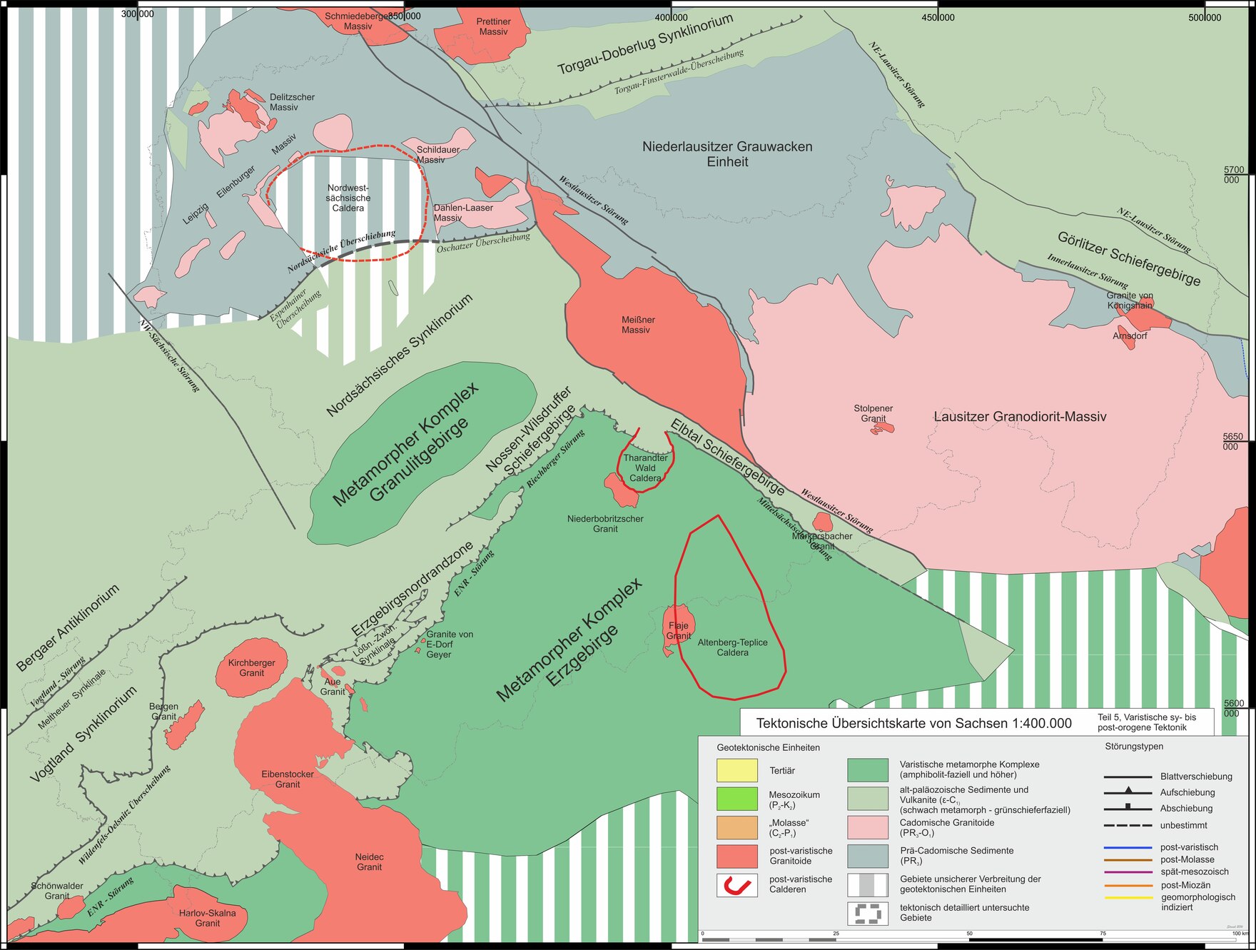 Das Bild zeigt eine tektonische Karte von Sachsen mit variszischen syn- bis post-orogenen Strukturen.