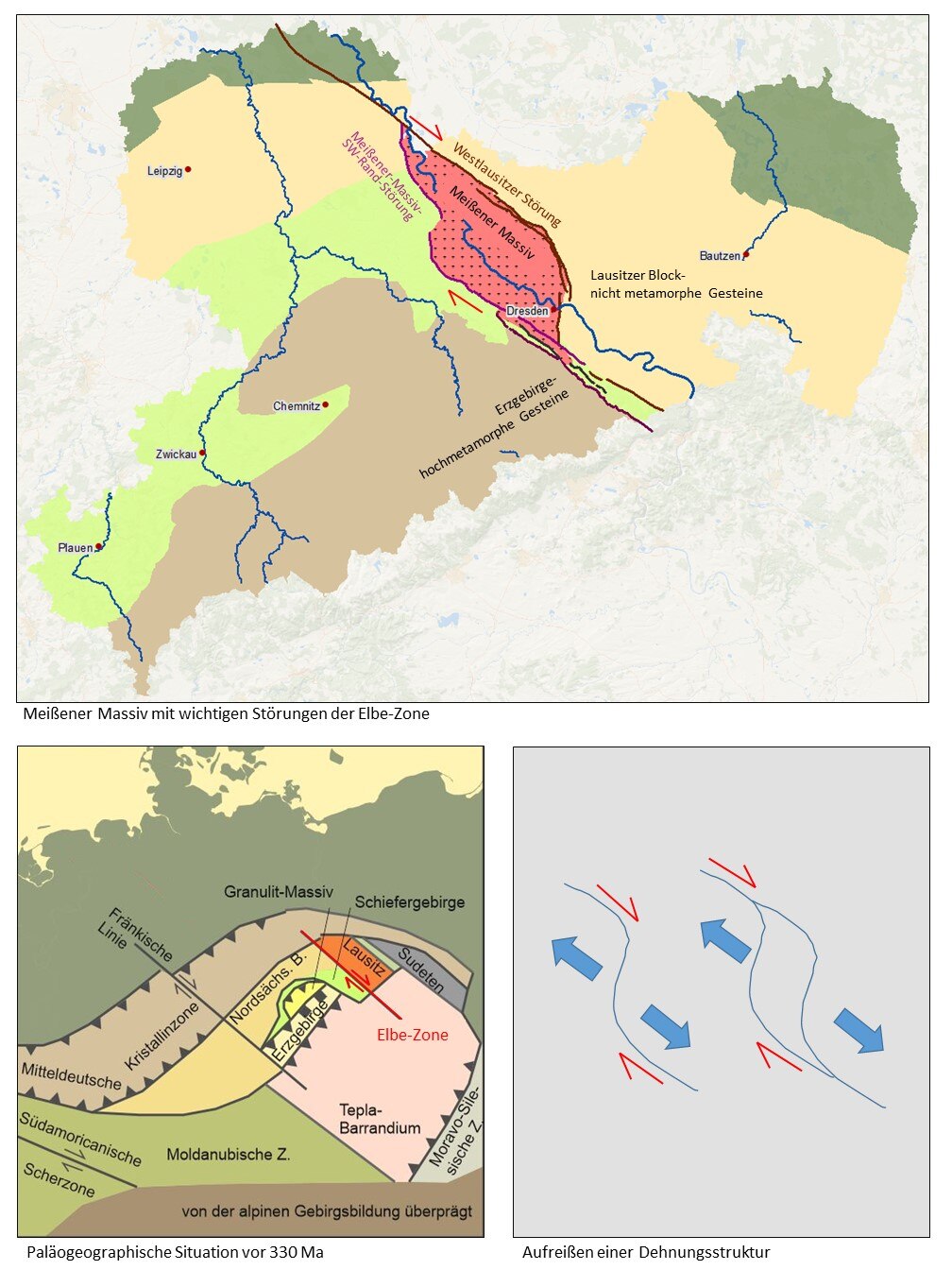 Tektonische Stellung des Meißener Massivs. Rechts: Geometrie und Lage des Meißener Massivs in der Elbe-Zone. Unten links: Paläogeographische Situation vor ca. 330 Ma nach Kroner et al. (2007). Die Elbe-Zone bildete eine dextrale Transformstörung zwischen 