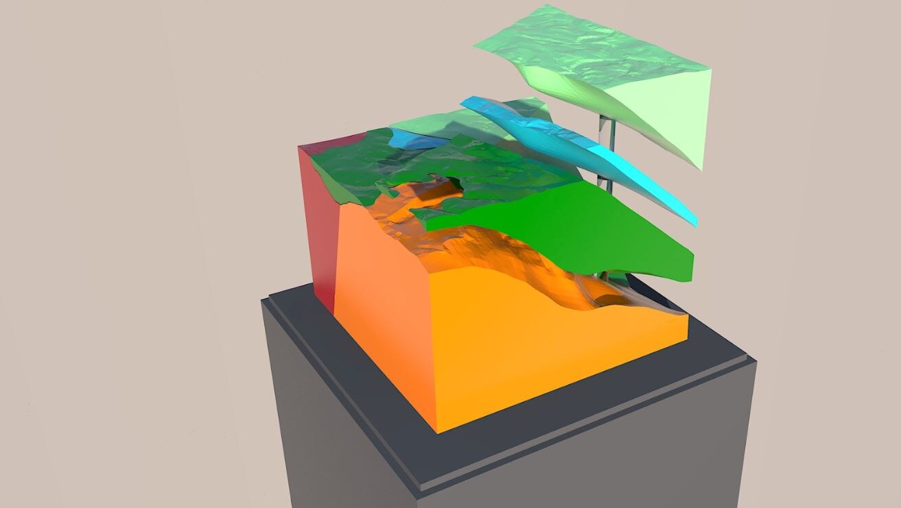 3D-Modell von Schneeberg im sogenannten Explosionsdarsteller für die Präsentation in einer Ausstellung.