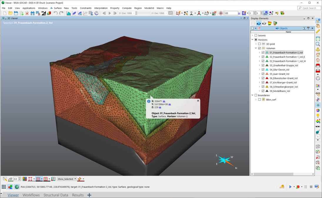 3D-Modell mit geografischen Koordinaten in geologischer Spezialsoftware SKUA-GOCAD®.