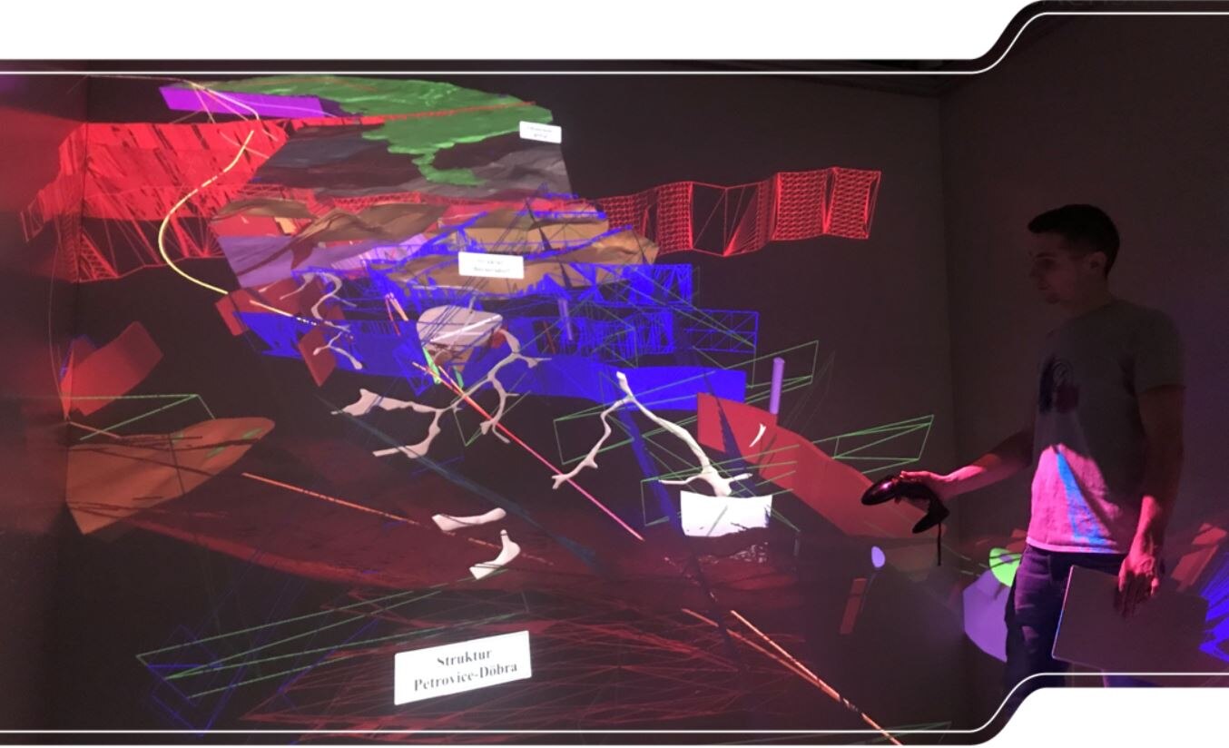 Das Bild zeigt ein geologisches 3D-Modell in einer virtuellen Umgebung (CAVE).