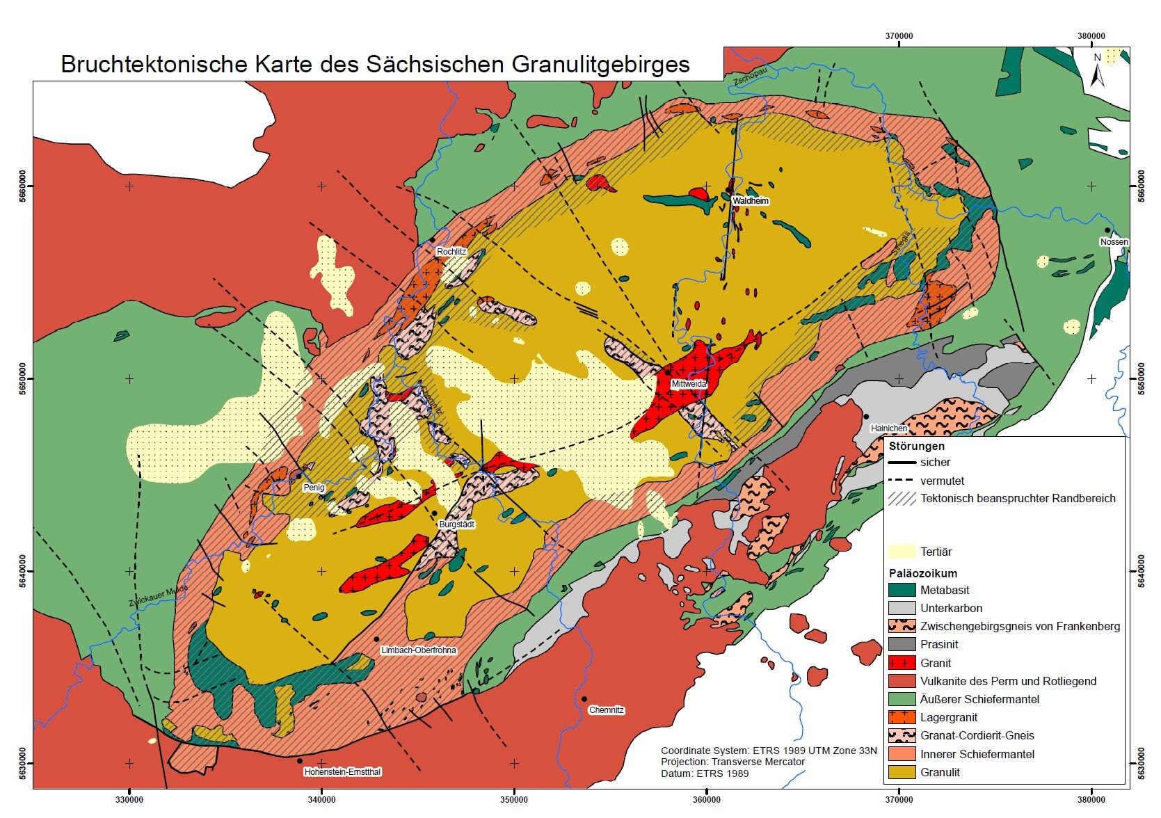 Das Bild zeigt die bruchtektonische Karte des Granulitgebirges.