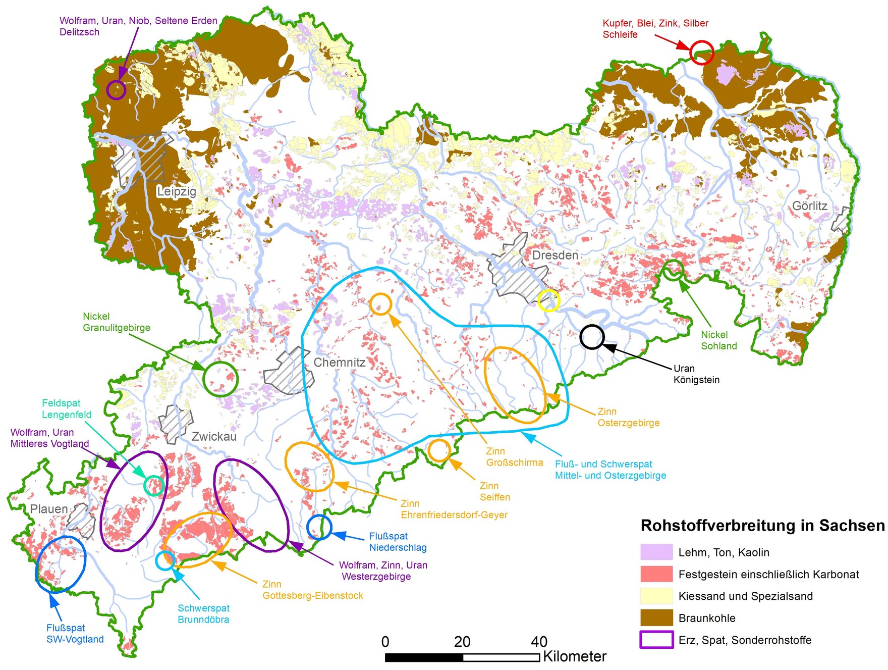 Die Karte zeigt die Lagerstätten verschiedener Rohstoffe in Sachsen.
