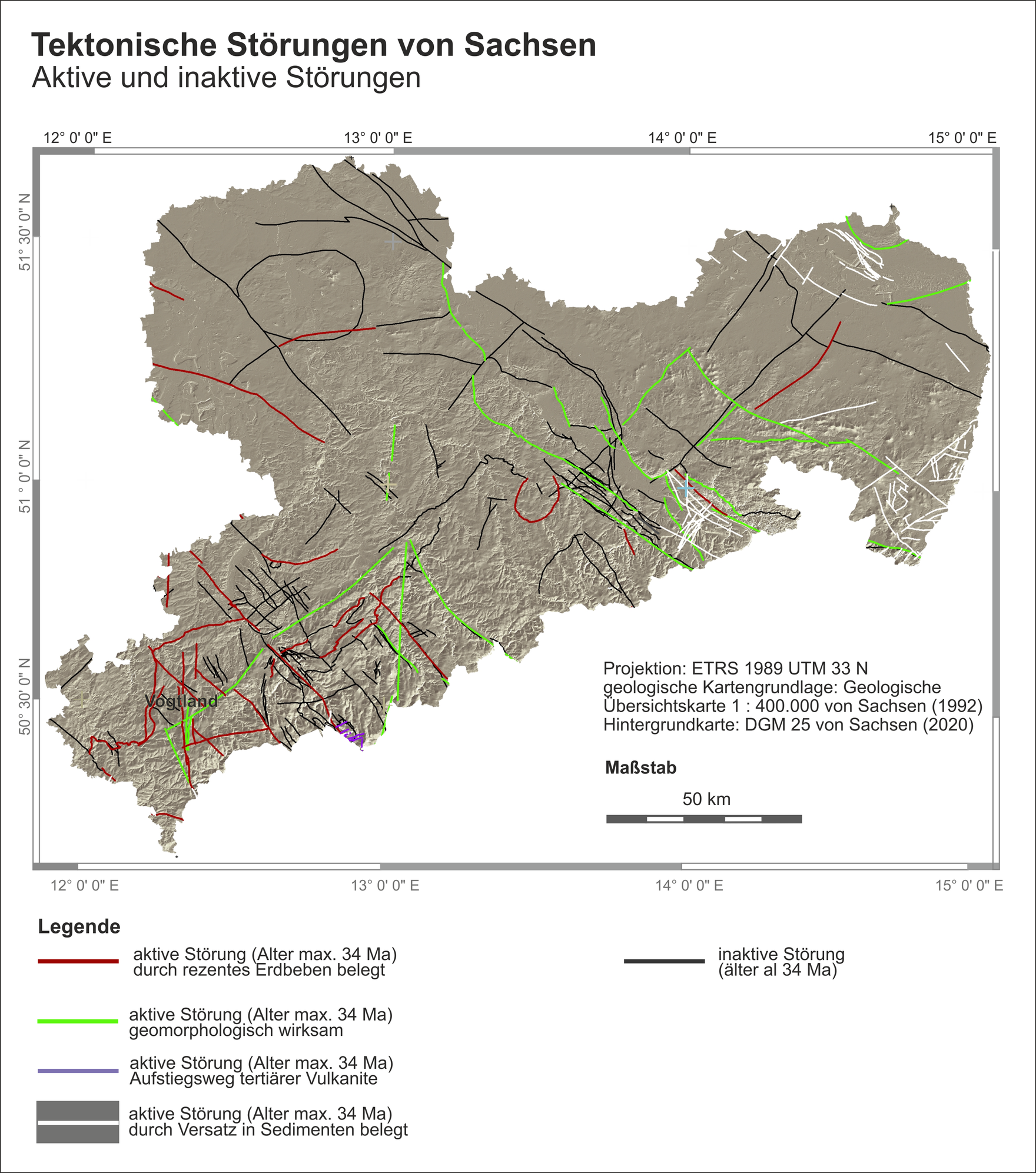 Die Karte zeigt aktive und inaktive Störungen in Sachsen