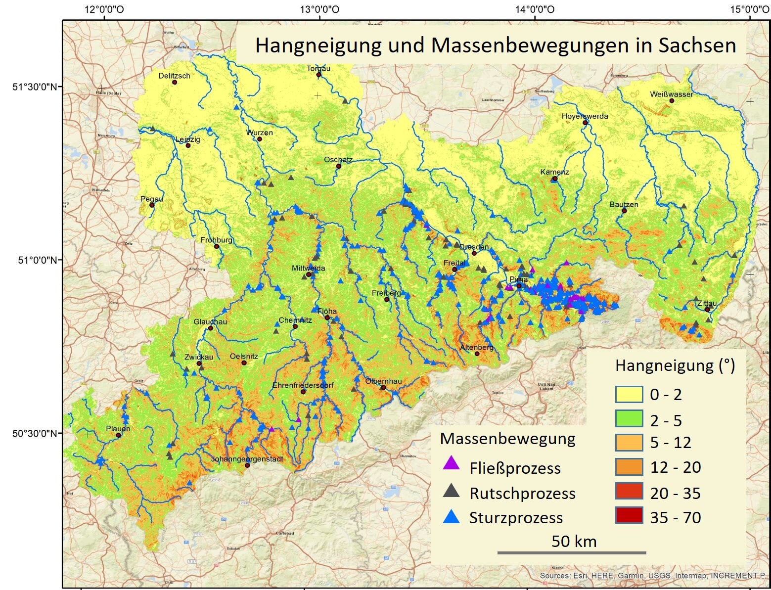 Das Bild zeigt die Karte mit Hangneigung und Massenbewegungen in Sachsen.