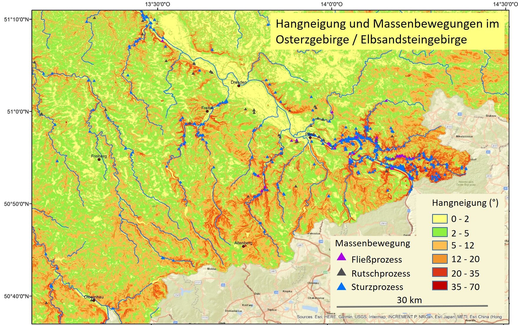 Das Bild zeigt die Karte mit Hangneigung und Massenbewegungen in Osterzgebirge und Elbsandsteingebirge.