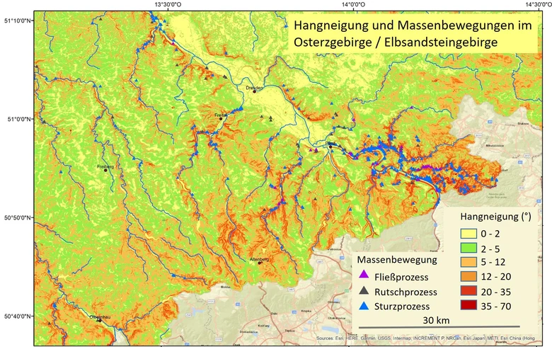 Das Bild zeigt die Karte mit Hangneigung und Massenbewegungen in Osterzgebirge und Elbsandsteingebirge.