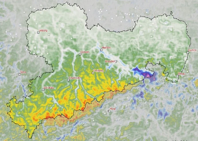 Das Bild zeigt eine Karte mit dem geomorphologischen Oberflächenindex Sachsens.