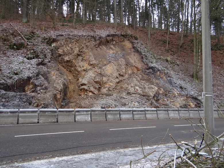 Das Bild zeigt eine Straßenböschung mit einer Rutschung.
