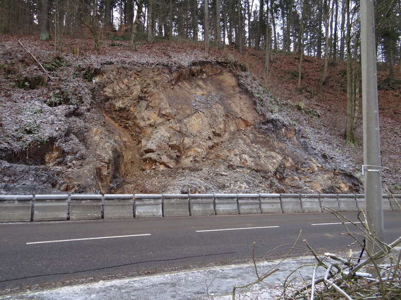 Das Bild zeigt eine Straßenböschung mit einer Rutschung.