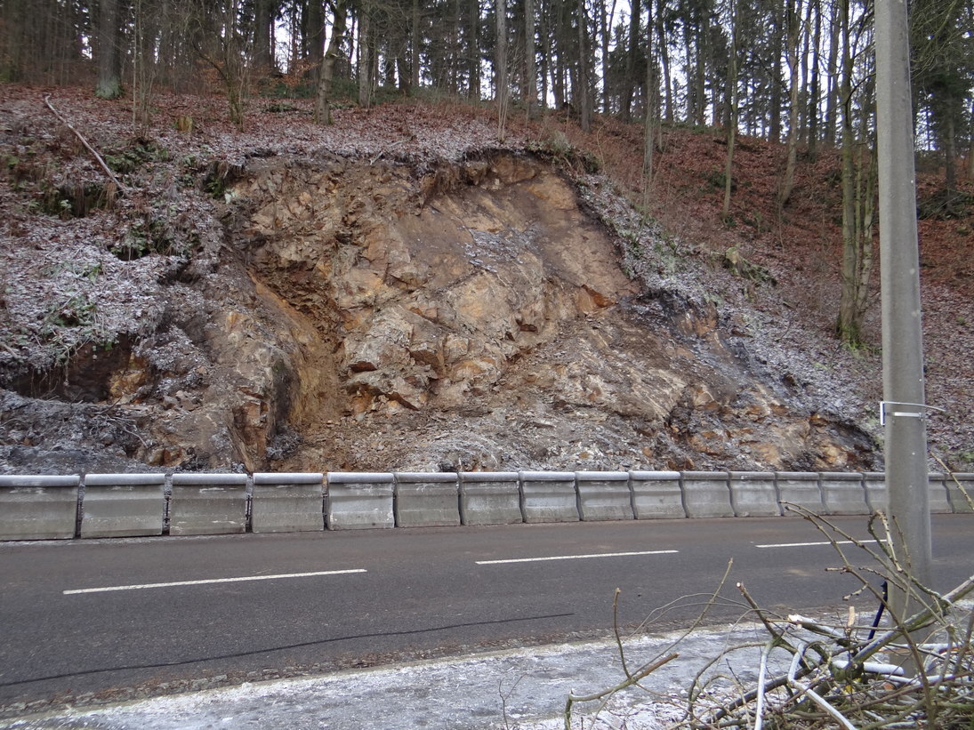 Das Bild zeigt eine Straßenböschung mit einer Rutschung.