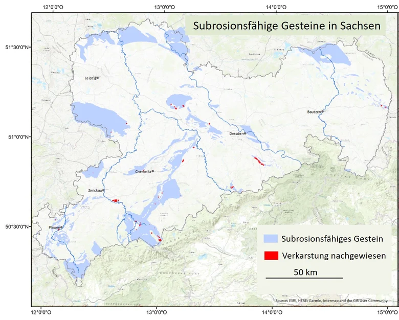 Die Karte zeigt die Verbreitung subrosionsfähiger Gesteine und von nachgewiesenen Karsterscheinungen