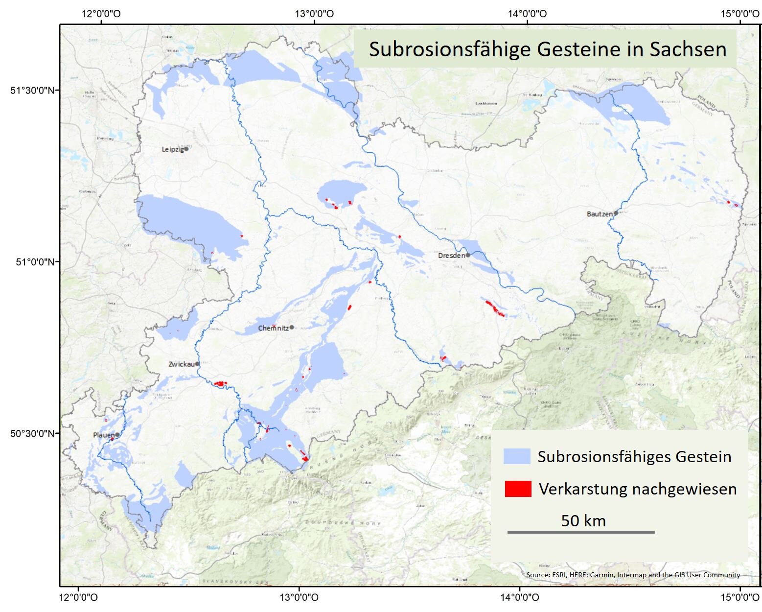 Die Karte zeigt die Verbreitung subrosionsfähiger Gesteine und von nachgewiesenen Karsterscheinungen