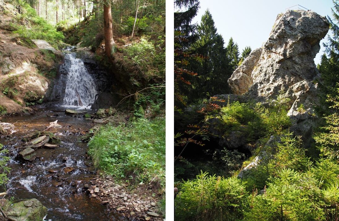 Rißfälle bei Hammerbrücke (links) und Topasfelsen am Schneckenstein (rechts)