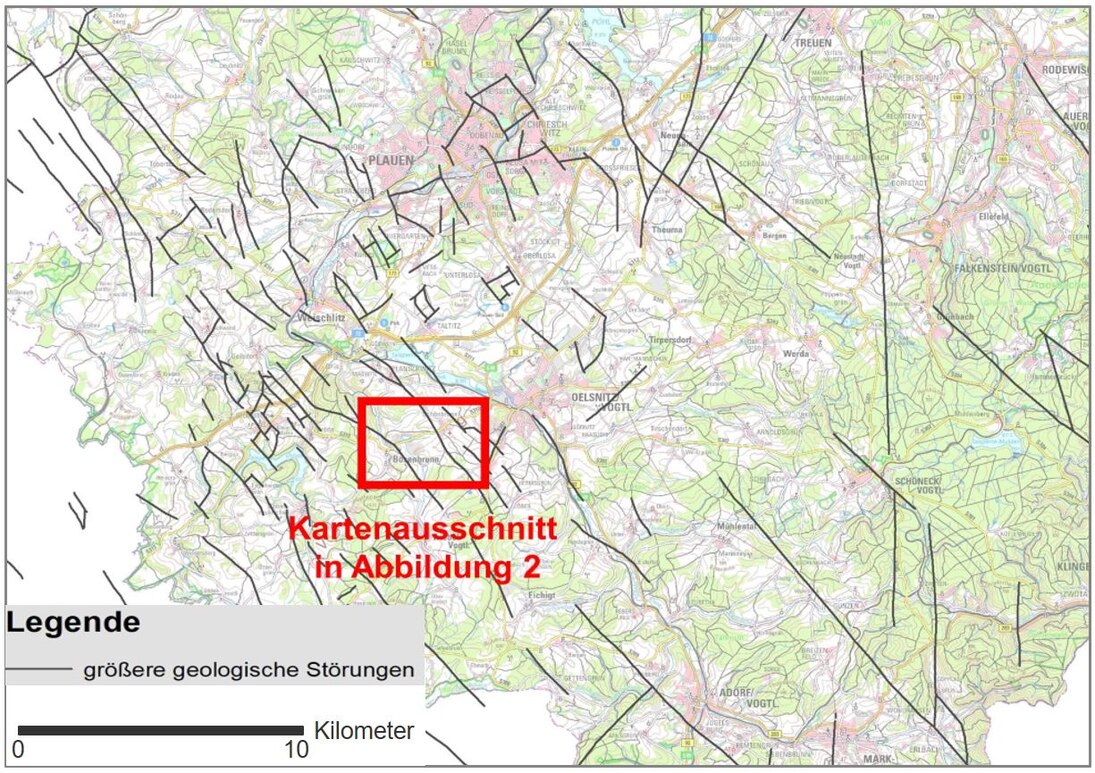 Karte des sächsischen Vogtlands mit zahlreichen geologischen Störungen.