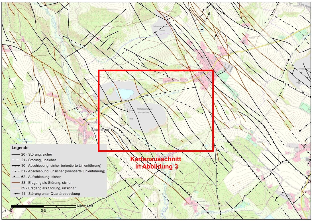 Ausschnitt aus der Karte in Abbildung 1 im Bereich der Ortschaften Schönbrunn und Bösenbrunn zeigt die kaum überschaubare Vielzahl verschieden ausgebildeter Brüche im Erdinnern.