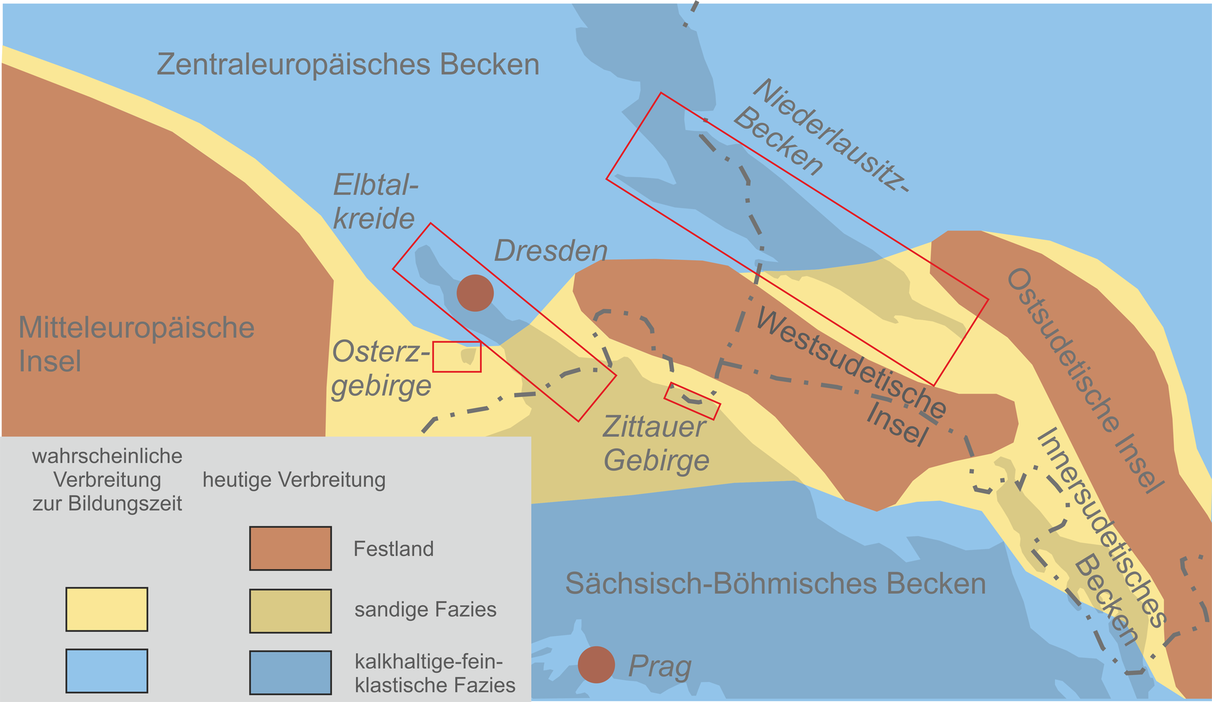 Karte mit der paläogeographischen Situation im Turonium in Sachsen.