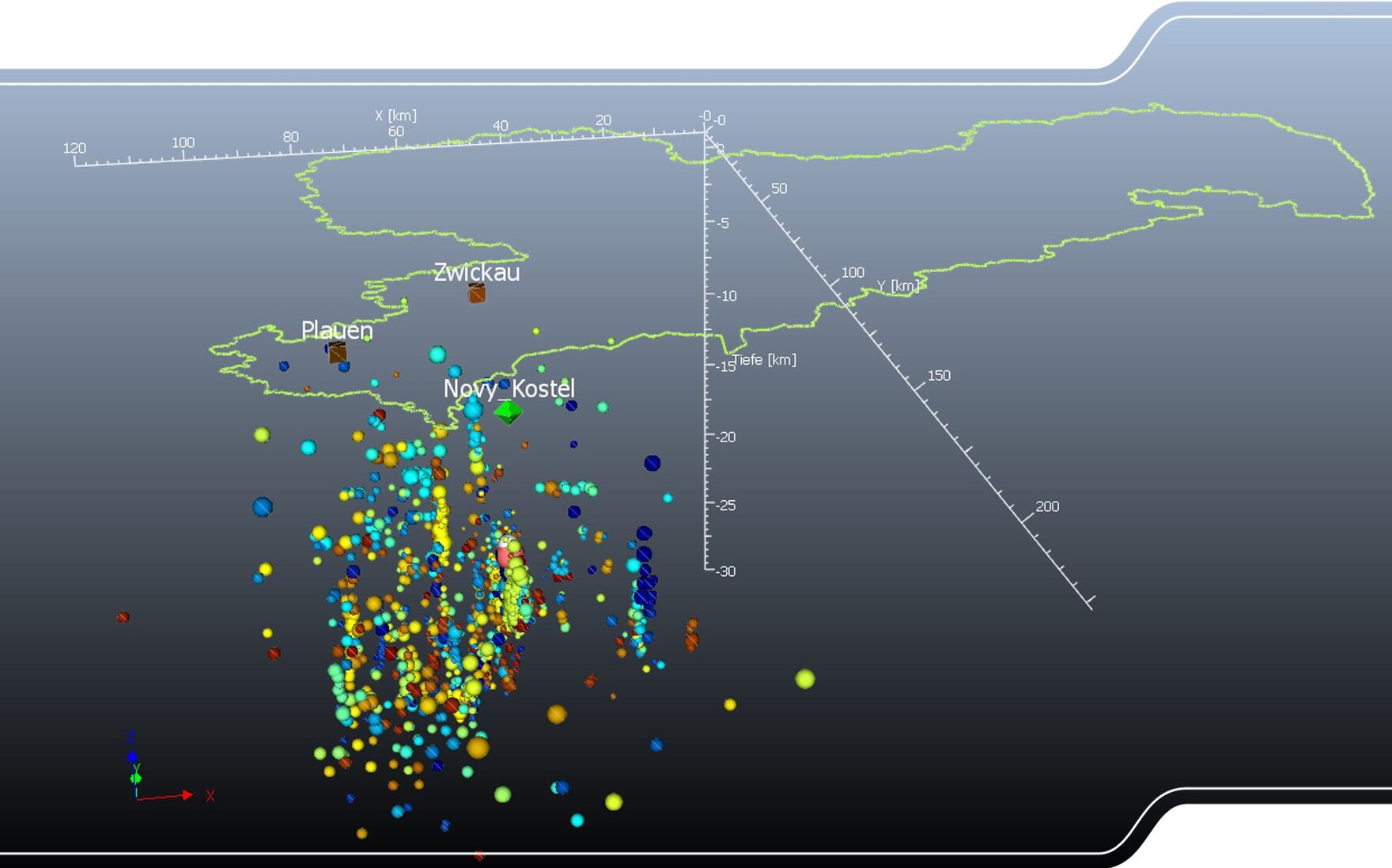 Das Bild zeigt die Hypozentren von Erdbeben im Vogtland im 3D-Modell mit Blickrichtung nach Norden.