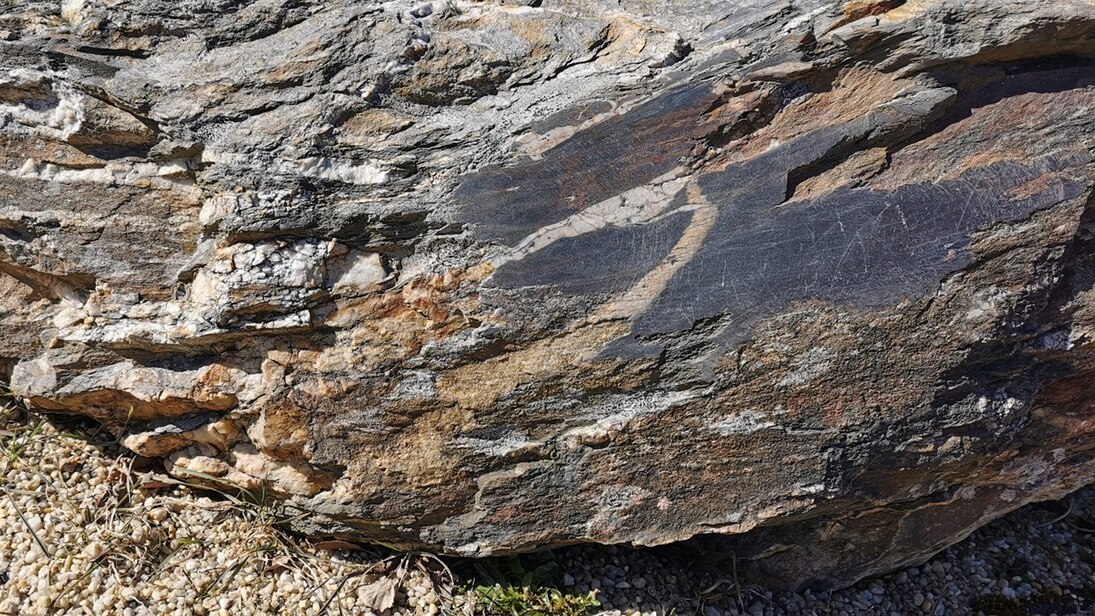 Dieser Phyllit aus einem Steinbruch bei Schöneck entstand aus ordovizischen Ton-, Schluff- und Feinsandsteinen, welche während der variszischen Gebirgsbildung geschiefert und metamorphisiert wurden. Hier liegt ein Stück des quarzstreifigen Phyllits vor, f