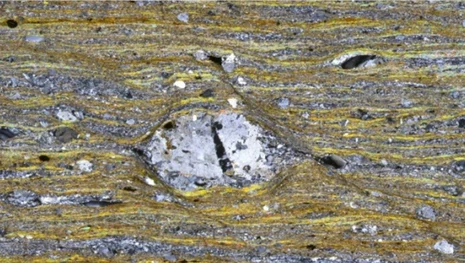Gneis mit Feldspatklast im Dünnschliff Gneis mit Feldspatklast im Dünnschliff