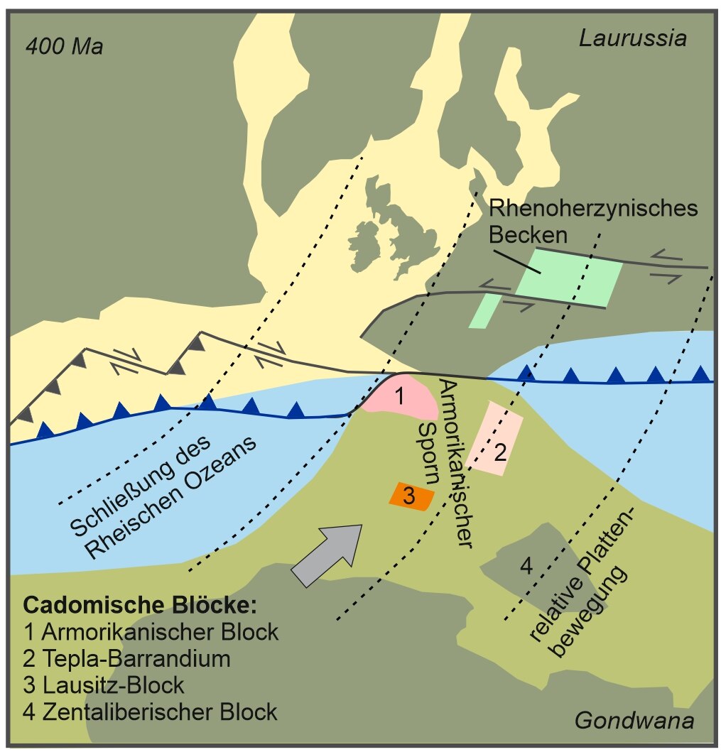 Paläogeographische Karte Mittel- und Westeuropas vor 400 Millionen Jahren