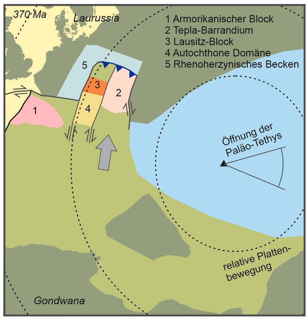 Paläogeographische Karte Mittel- und Westeuropas vor 370 Millionen Jahren