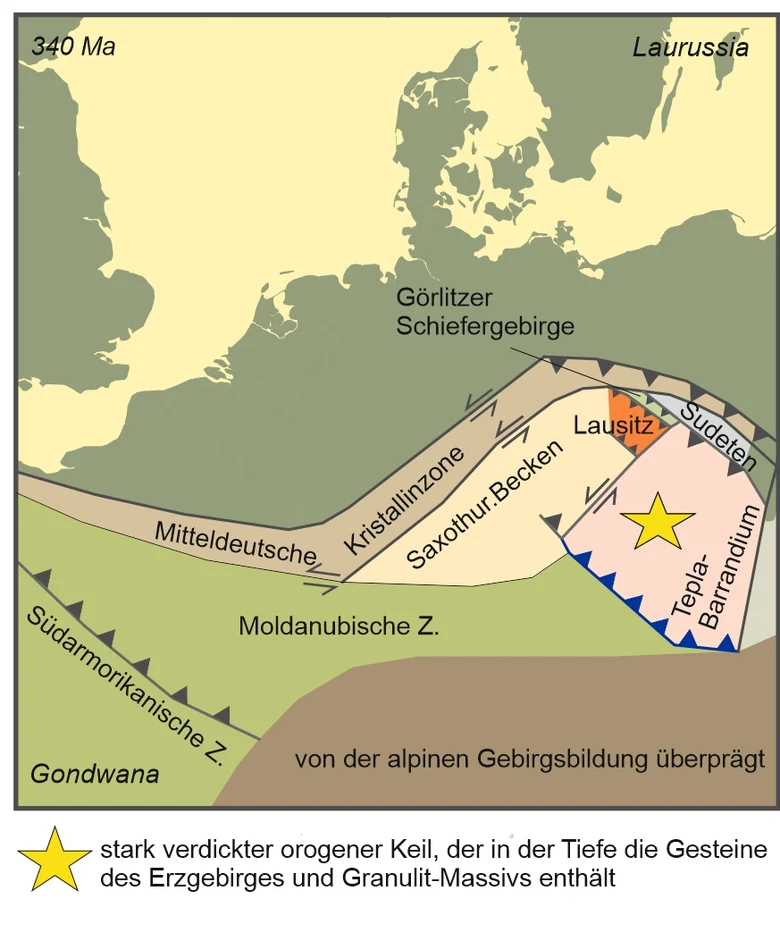 Paläogeographische Karte von Mittel- und Westeuropa vor 340 Millionen Jahren.