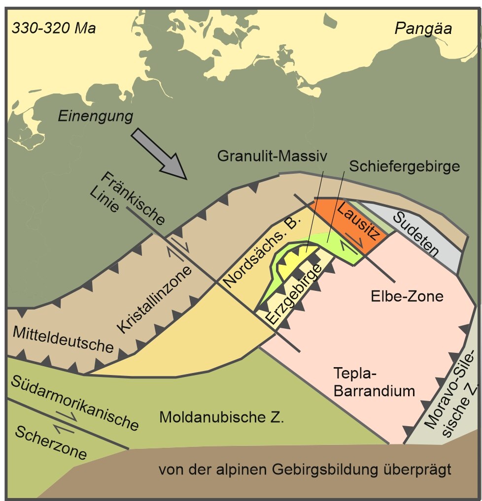 Paläogeographische Karte von Mittel- und Westeuropa vor 330-320 Millionen Jahren.